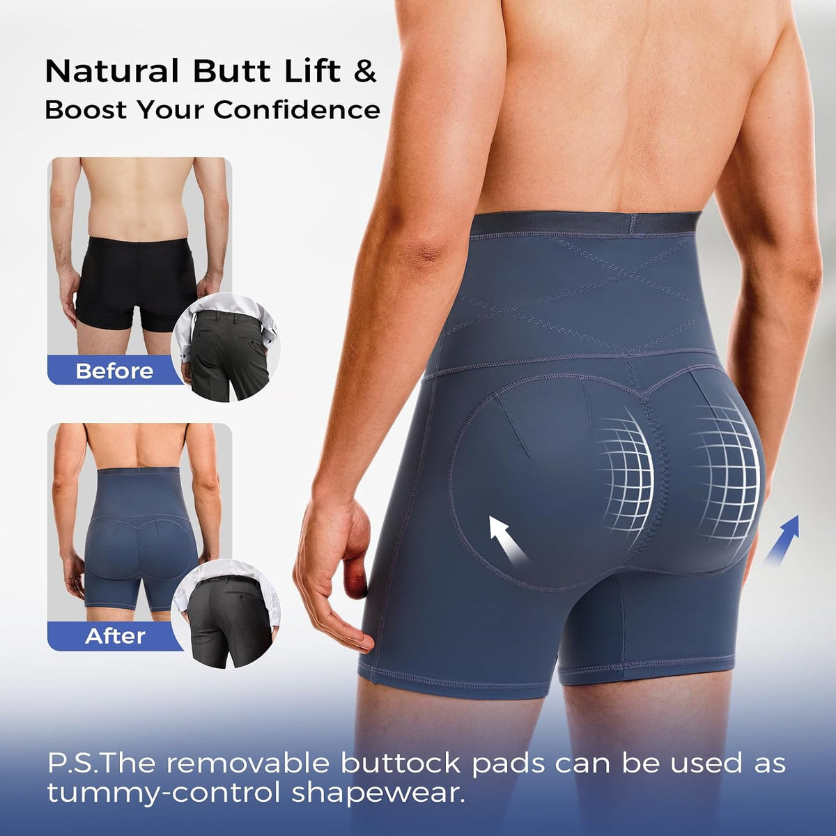 Mens Padded Underwear Butt Lifter Boxer Briefs Tummy Control Shapewear
