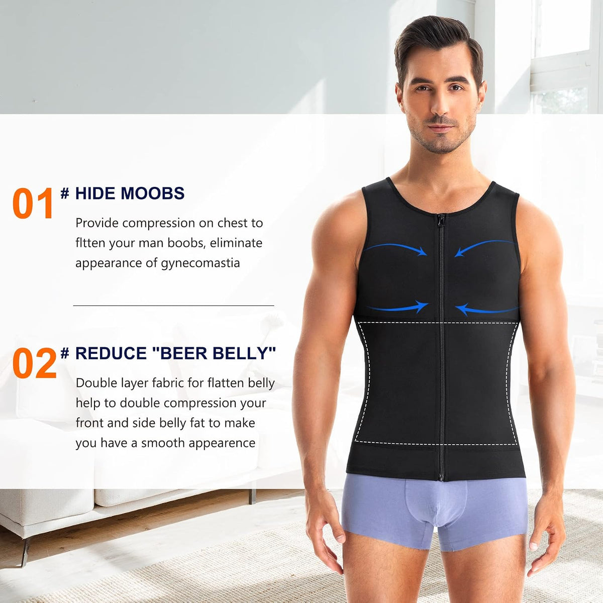 Compression Shirts for Men Undershirts Slimming Body Shaper Waist Trainer Tank Top Vest with Zipper