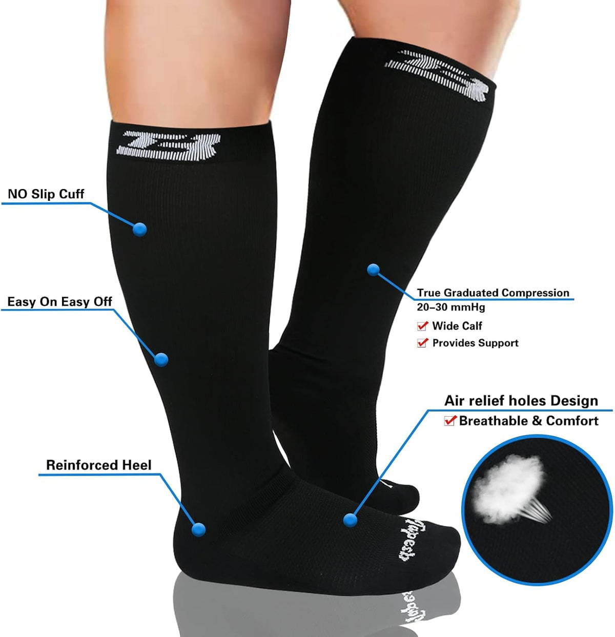 Plus Size Compression Socks Wide Calf Men Women Knee High 20-30 Mmhg Breathable Circulation Xl 2Xl 3Xl 4Xl 5Xl