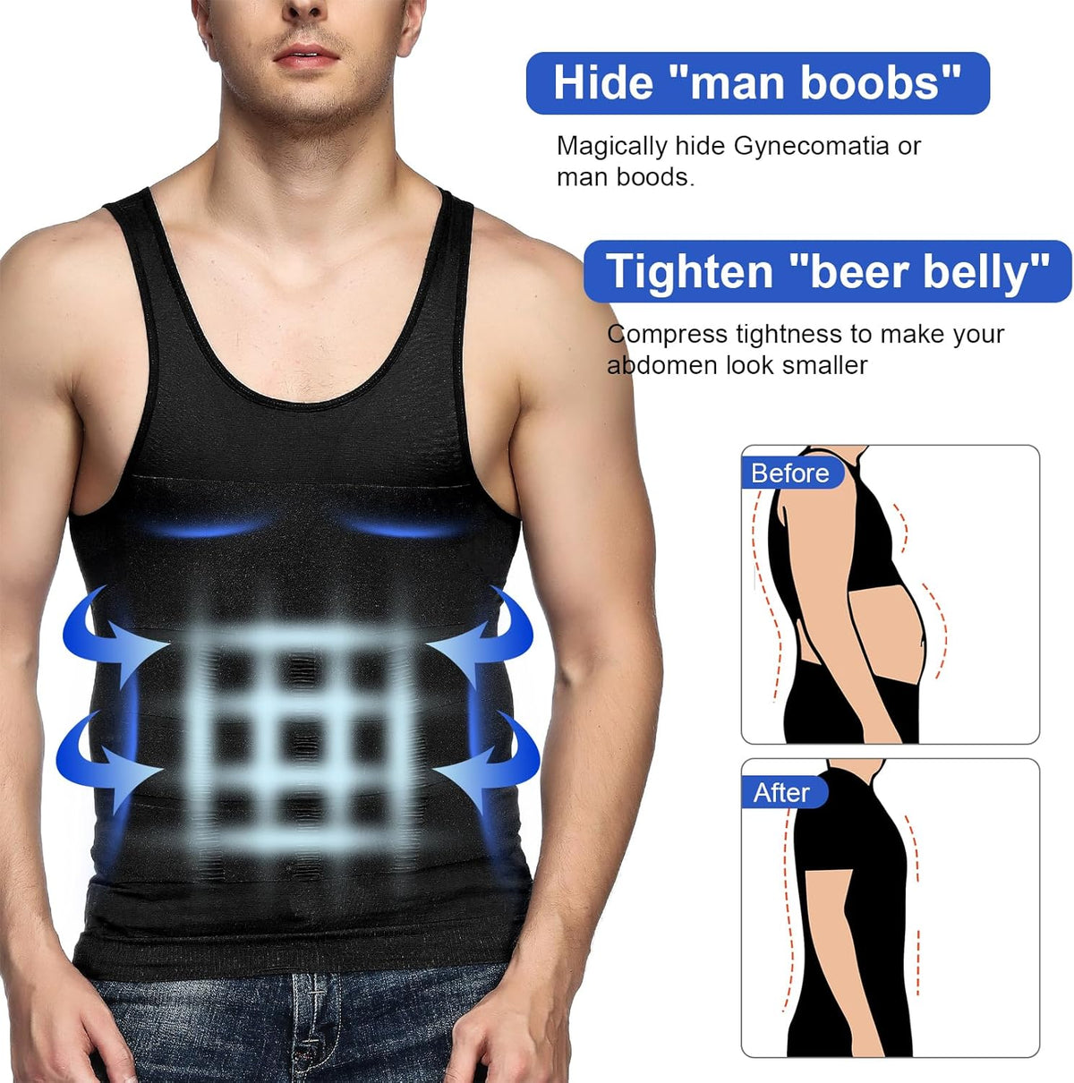 5 Pack Men'S Compression Shirt Body Shapewear Tummy Tank Top