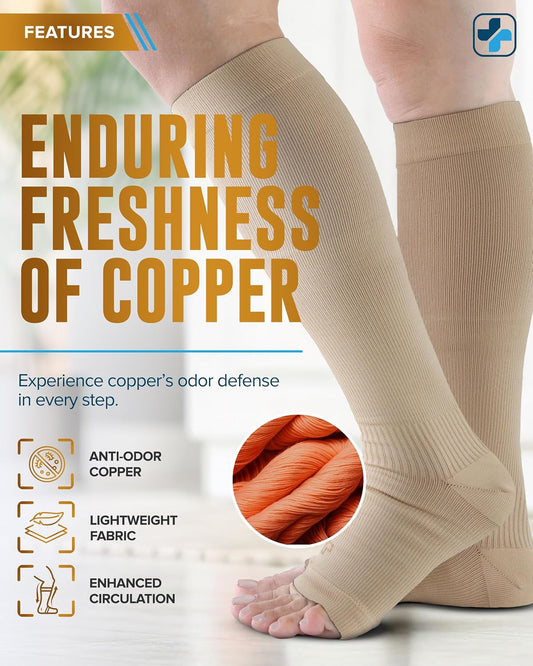 3 Pairs Copper Toeless Compression Socks Women & Men - 20-30 Mmhg Open Toe Compression Socks Knee High Women