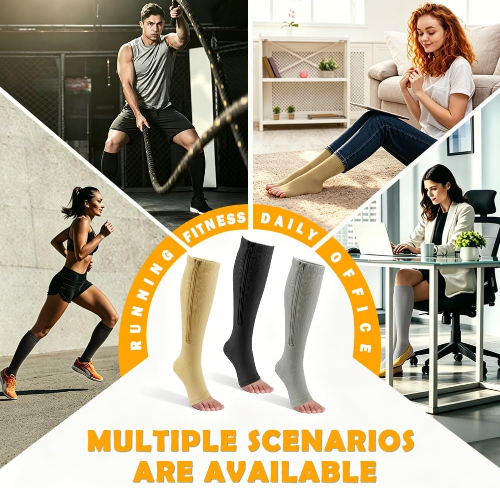Zipper Compression Socks 15-20 Mmhg Open Toe Support Socks 2 Pairs