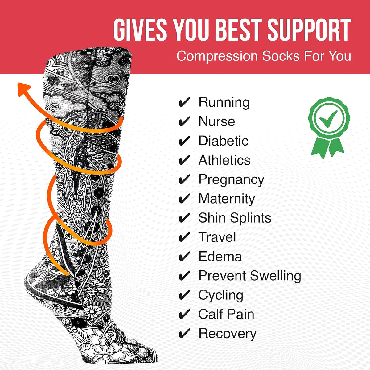 Therapeutic Compression Socks, Black Paisley Fountain, 15-20 Mmhg, 1 Pair
