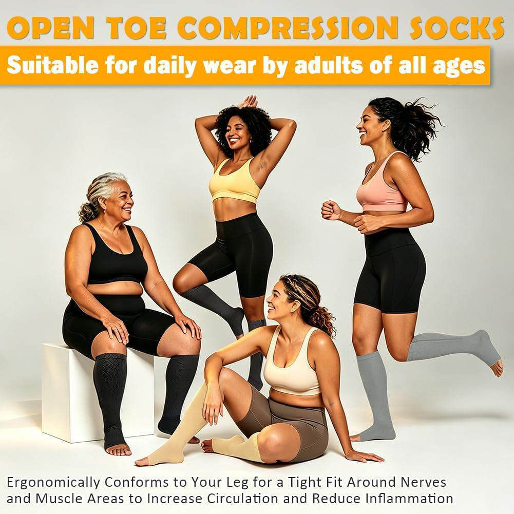 Zipper Compression Socks 15-20 Mmhg Open Toe Support Socks 2 Pairs