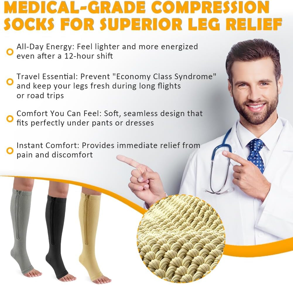 Zipper Compression Socks 15-20 Mmhg Open Toe Support Socks 2 Pairs
