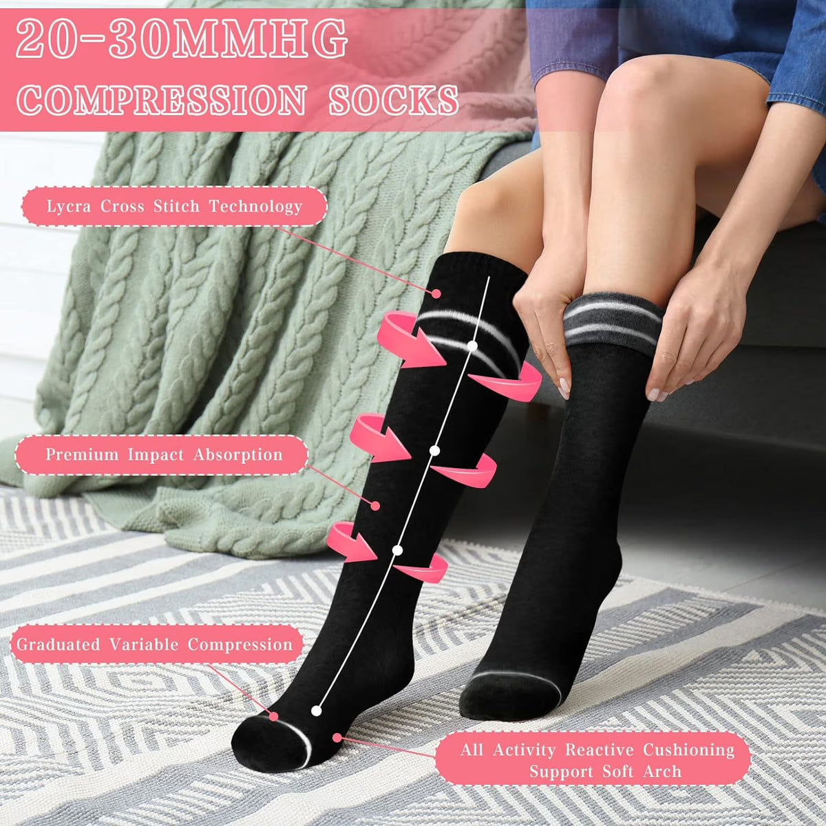 6 Pairs Compression Socks for Women Circulation 20-30Mmhg Crazy, Cute, Socks Support for Nurse, Pregnant, Running, Cycling