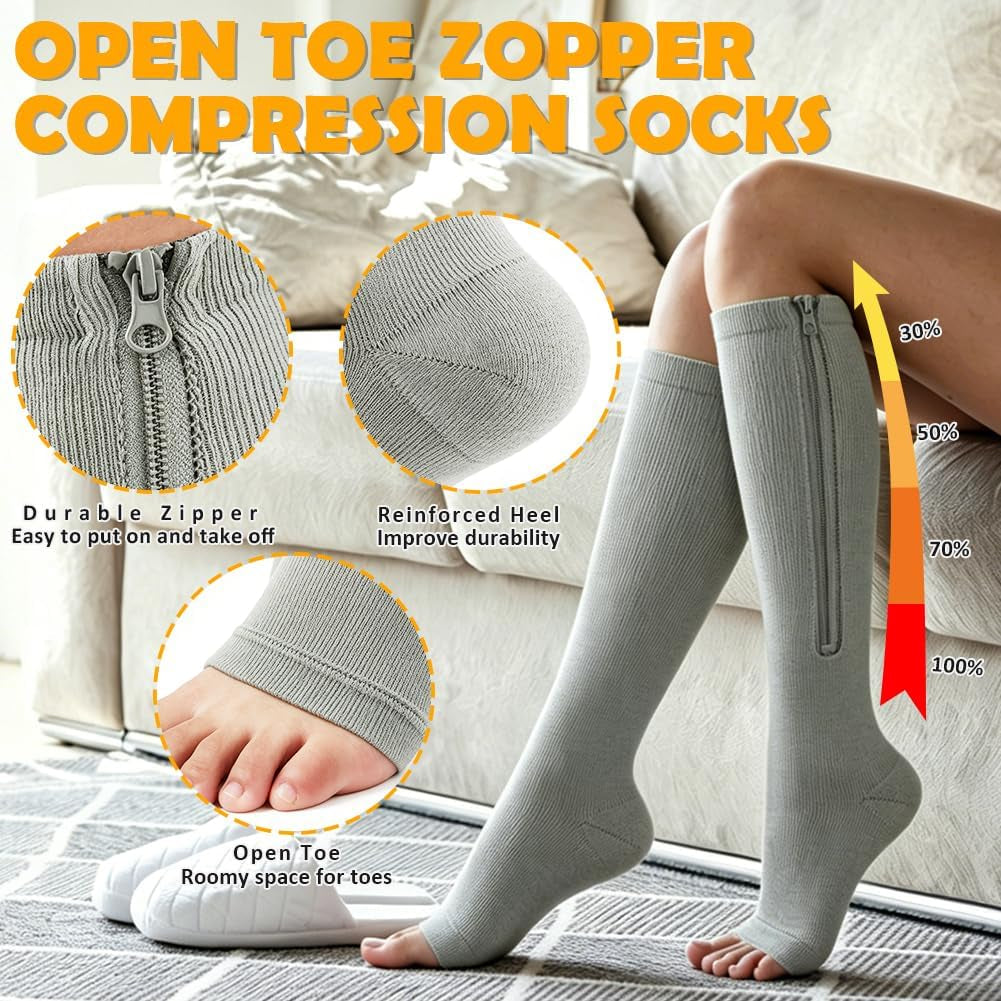 Zipper Compression Socks 15-20 Mmhg Open Toe Support Socks 2 Pairs